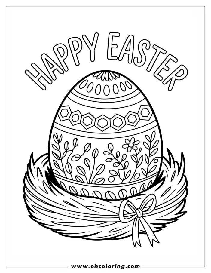 Line art of an Easter egg nestled in a decorated nest, tied with a ribbon. The egg features patterns of circles, hexagons, and stylized flowers and leaves. This is a coloring sheet design.