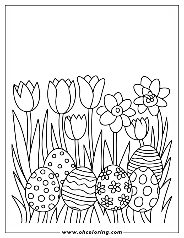 Line art of Easter eggs nestled among spring flowers. The eggs have different patterns, like stripes, dots, and flowers. Tulips and other blossoms rise above the grass, creating a festive spring design for a coloring sheet.