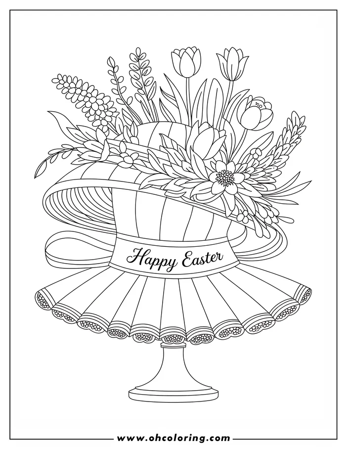 Line art of an Easter hat overflowing with flowers, including tulips and hyacinths.  A ribbon around the hat says "Happy Easter." The hat sits on a pedestal. Design for a coloring sheet.