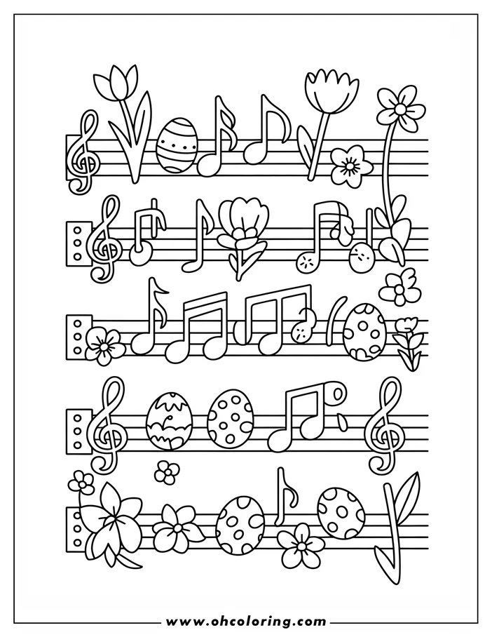 Line art depicting an Easter-themed coloring page with musical staffs, decorated Easter eggs with various patterns, tulips, and other simple flower blossoms interspersed with musical notes and symbols.