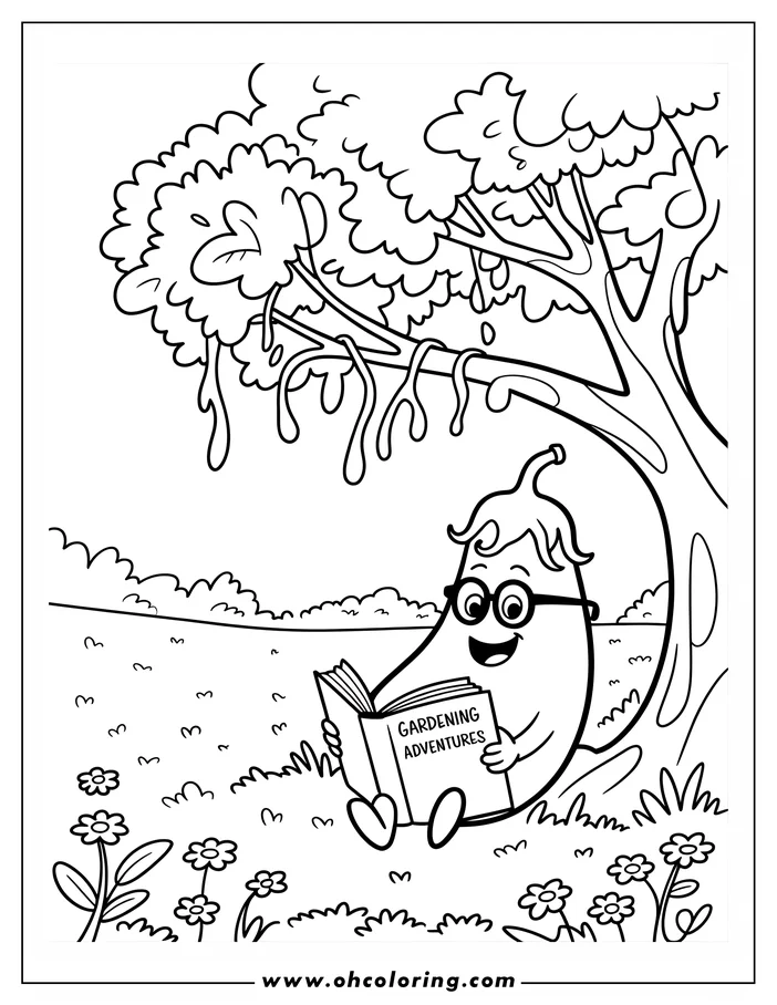 Line art of an eggplant character sitting under a tree, wearing glasses, and reading a book titled "Gardening Adventures."  The setting includes a grassy area with small flowers, creating a cheerful coloring sheet design.
