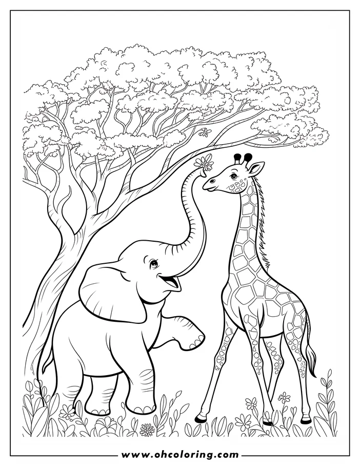 Line art of an elephant and a giraffe under a tree. The elephant has its trunk raised, and the giraffe reaches for a flower.