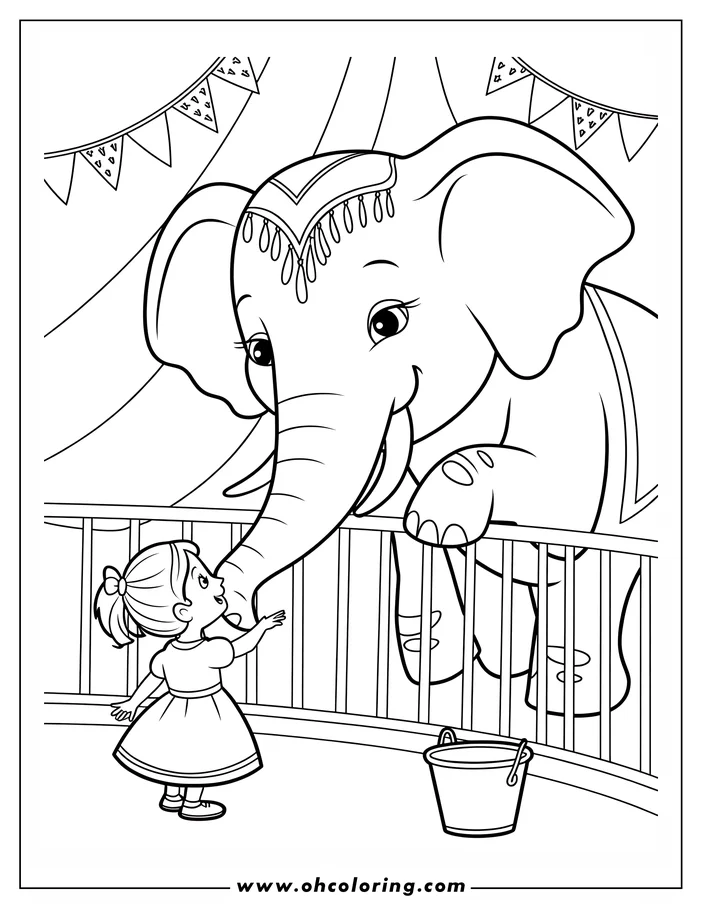 Line art of a girl reaching out to touch the trunk of a circus elephant.