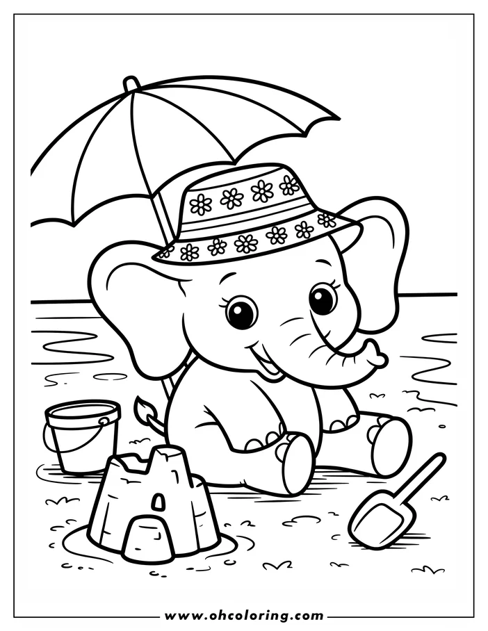 Line art of a young elephant sitting on the beach with a sandcastle, bucket, and shovel, under a parasol. The elephant is wearing a floral hat and looks happy.