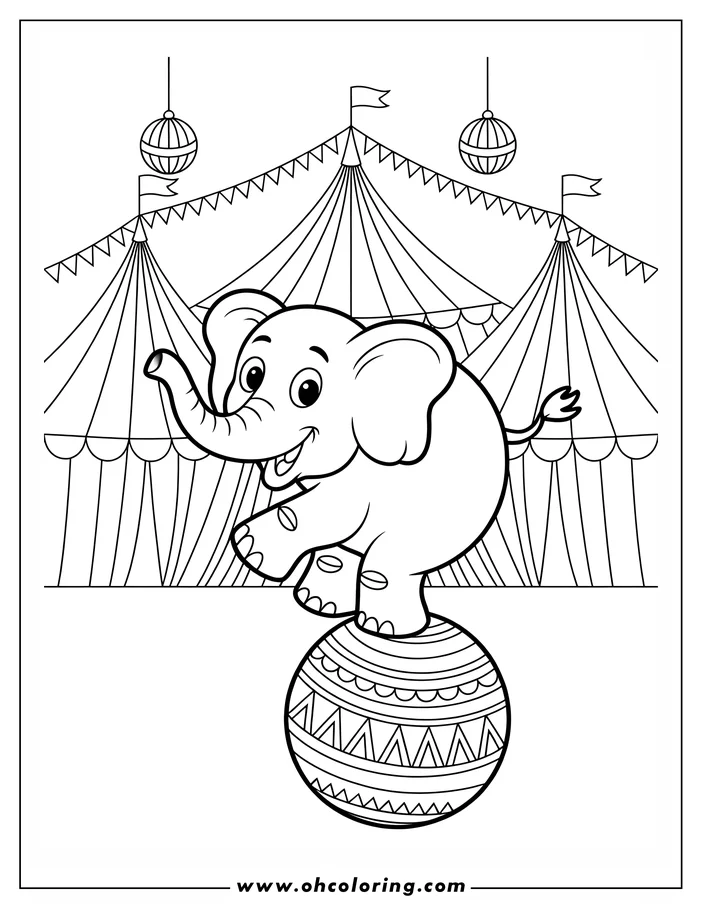 Outline of an elephant balancing on a decorated ball in front of circus tents.