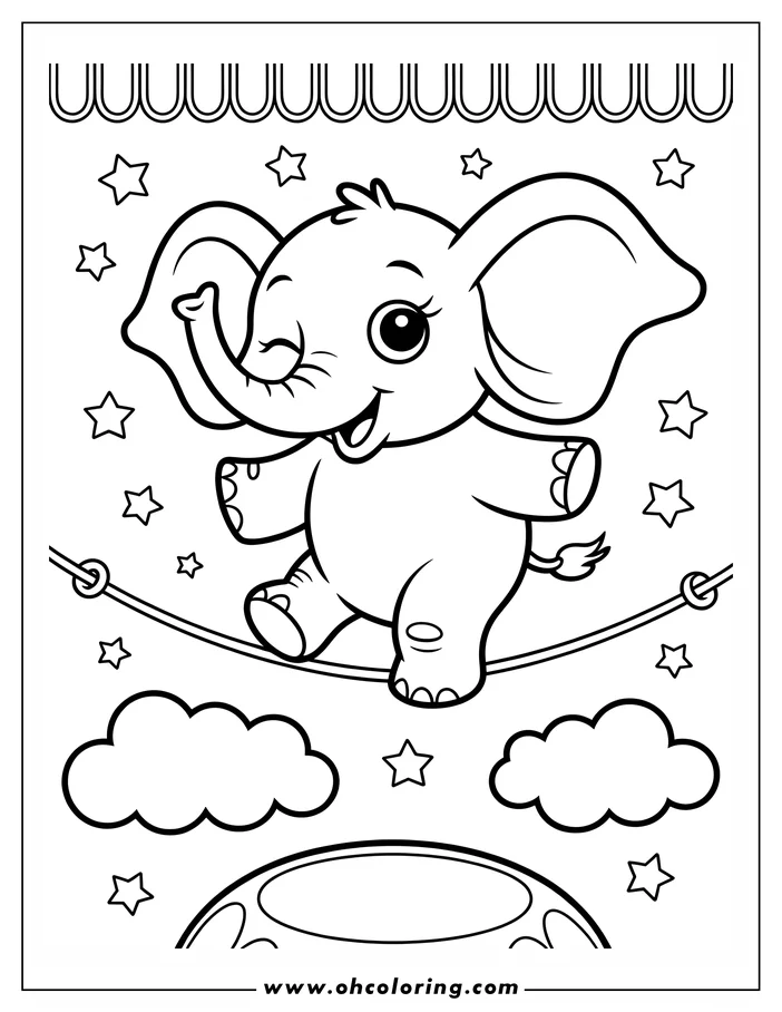 Outline drawing of an elephant balancing on a tightrope, winking, with clouds and stars around it.