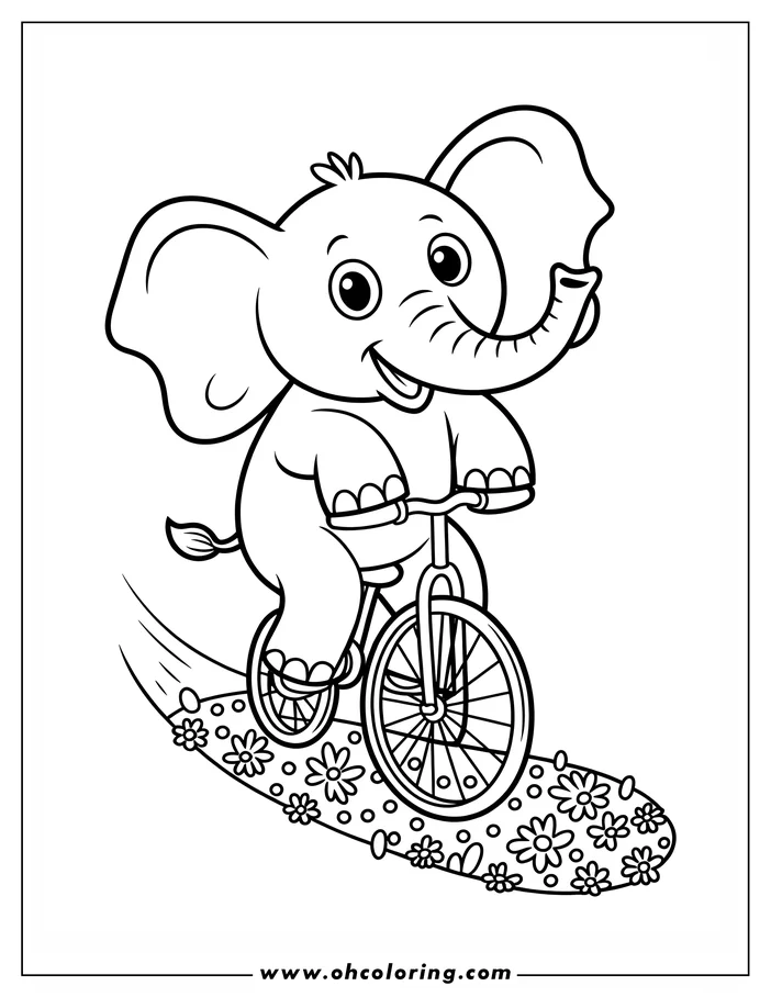 Outline of a happy elephant riding a bicycle on a flower-lined path.