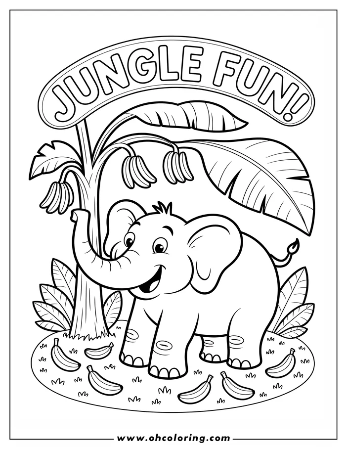 Outline of a cartoon elephant with large ears and a happy expression, standing by a banana tree with its trunk wrapped around the stem. Bunches of bananas are on the tree and the ground.