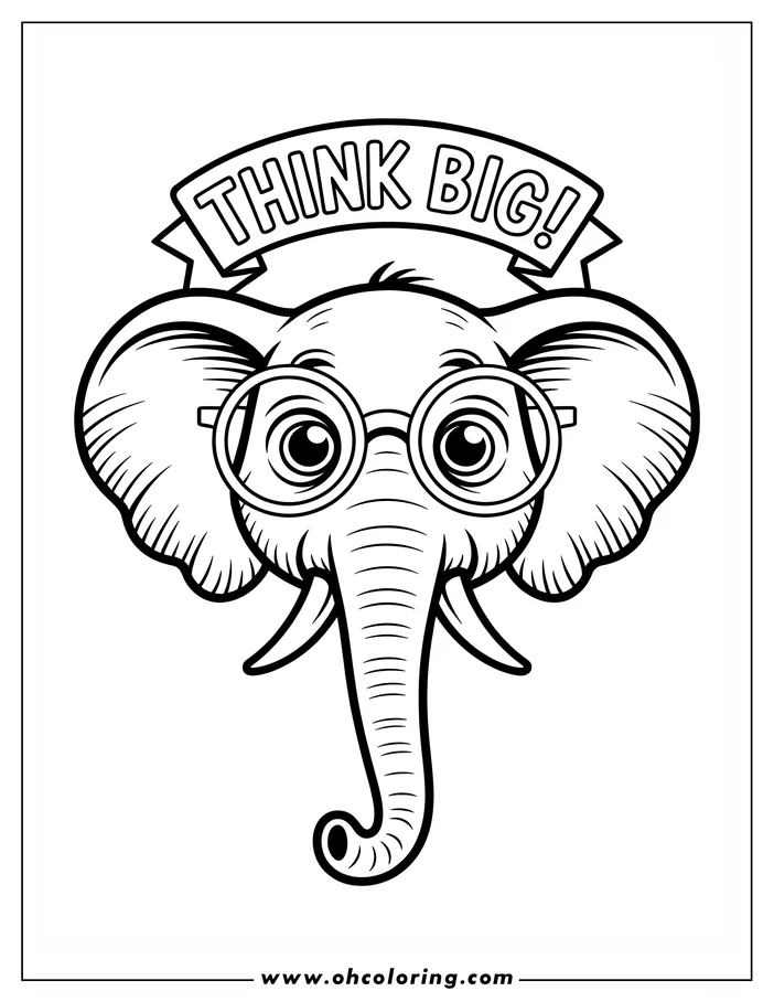 Line art of an elephant wearing round glasses, with a banner above reading 'Think Big!'