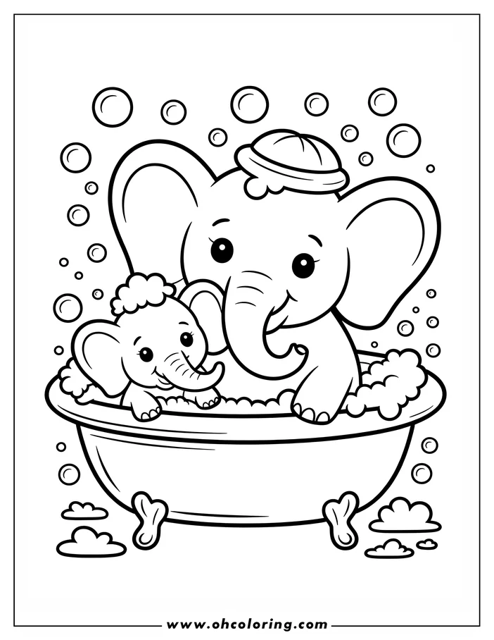 Two elephants taking a bath together in a bathtub, surrounded by bubbles.