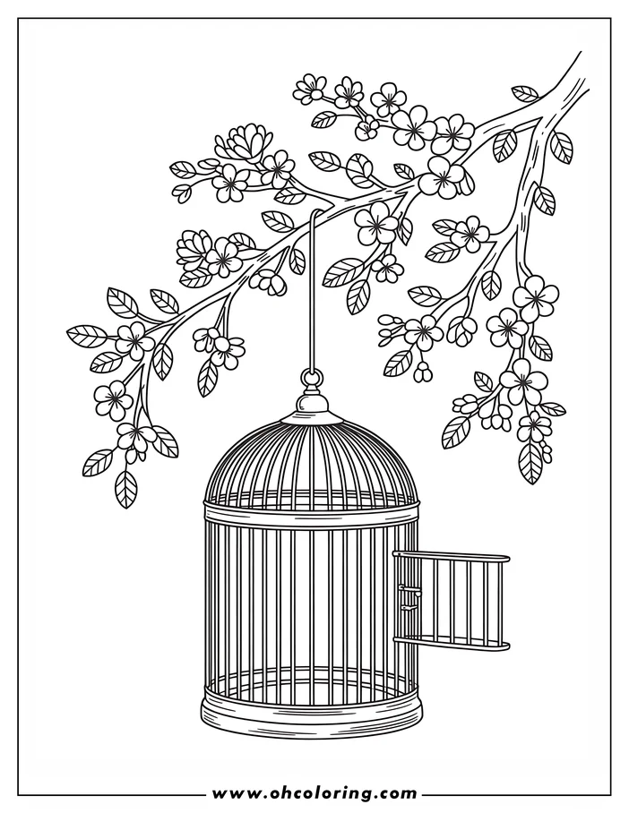 Line art of an empty birdcage hanging from a flowering cherry blossom branch. The cage door is open, suggesting freedom. A simple design for a spring-themed coloring page.