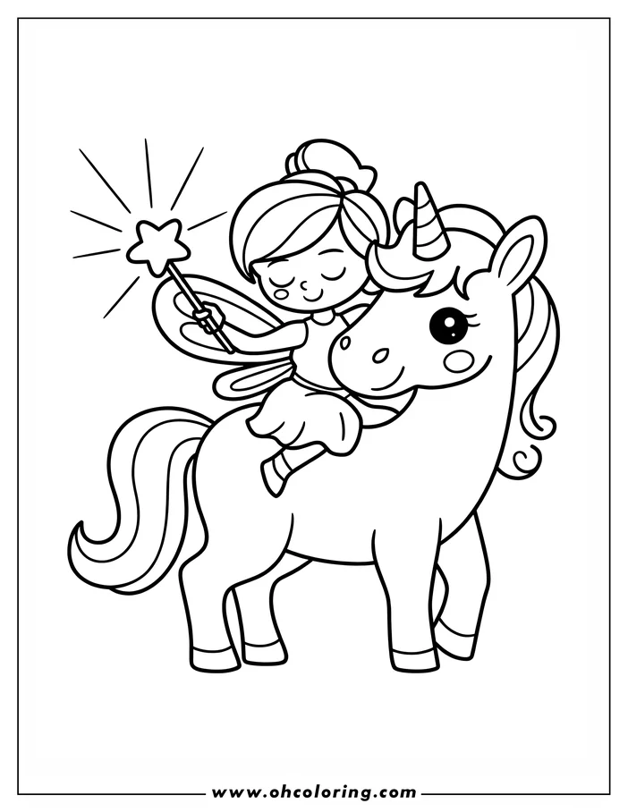 Line art of a fairy with a wand riding a unicorn.