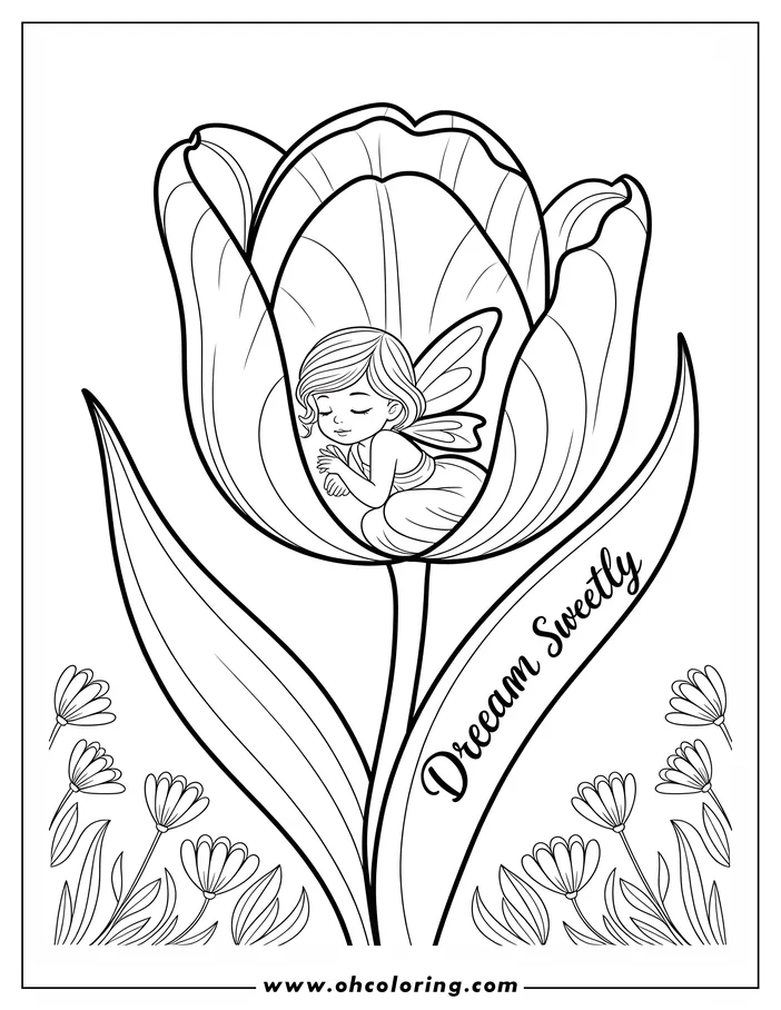 Whimsical line art of a fairy sleeping inside a tulip blossom.  She has small wings and short hair.  Smaller flowers and leaves surround the base of the stem, completing this coloring sheet design.