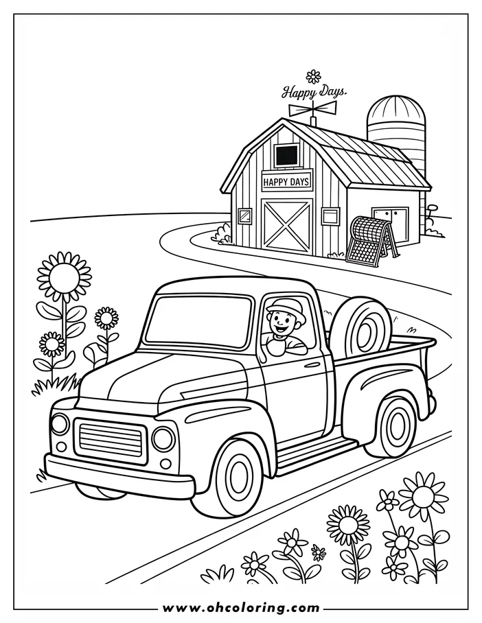 Outline of a farmer driving a truck on a farm, passing sunflowers and a barn.