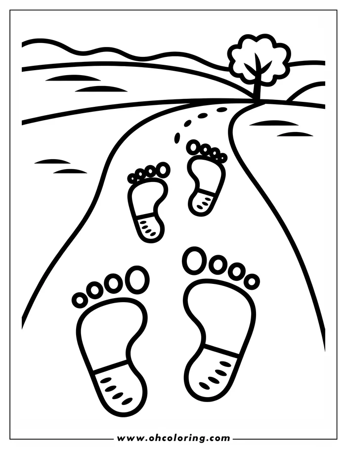 A coloring sheet design featuring large and small footprints on a path, symbolizing a father and child's journey. The background includes a simple landscape with hills and a tree. Perfect for Father's Day coloring.