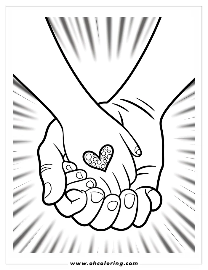 Line art of a father and child holding hands with a heart in their palms, a sweet illustration for coloring, suitable for Father's Day.
