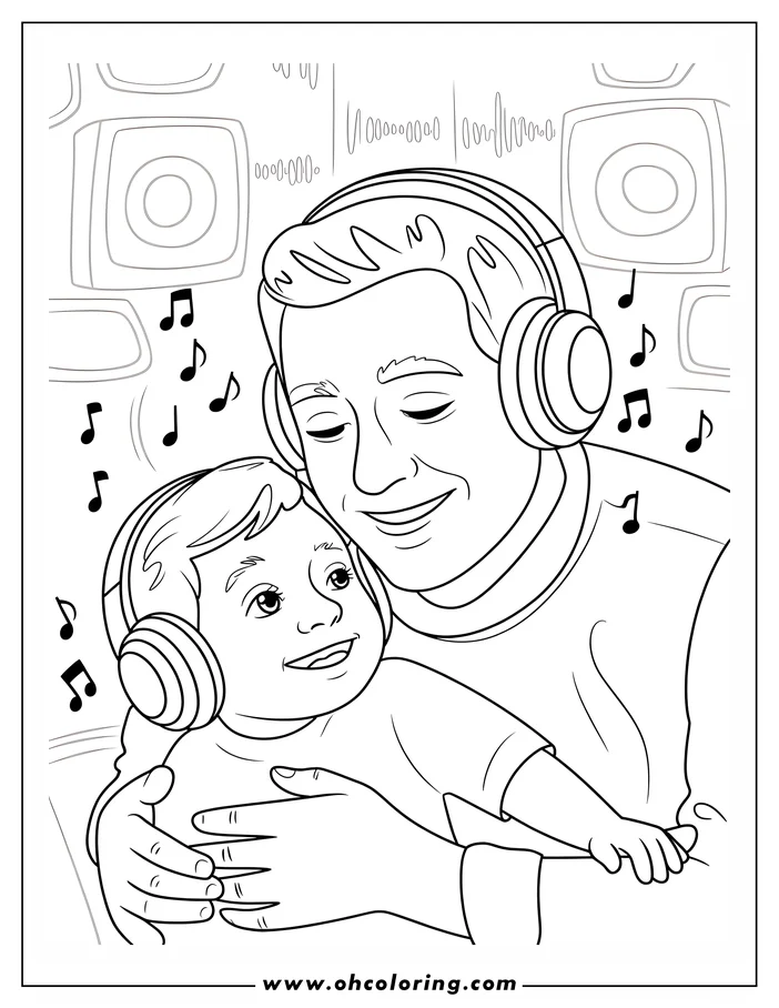 Line art of a father and child listening to music together. Both wear headphones and are smiling. Musical notes float around them, adding to the scene's cheerful atmosphere. This detailed outline is a coloring sheet design perfect for Father's Day.