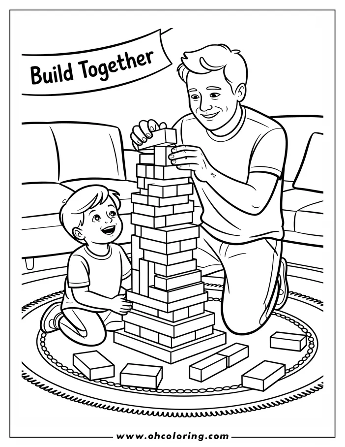 Line art of a father and son building blocks together for Father's Day. The father and child are both smiling, creating a tall tower from rectangular blocks on a round rug. This coloring page is a sweet depiction of family time.