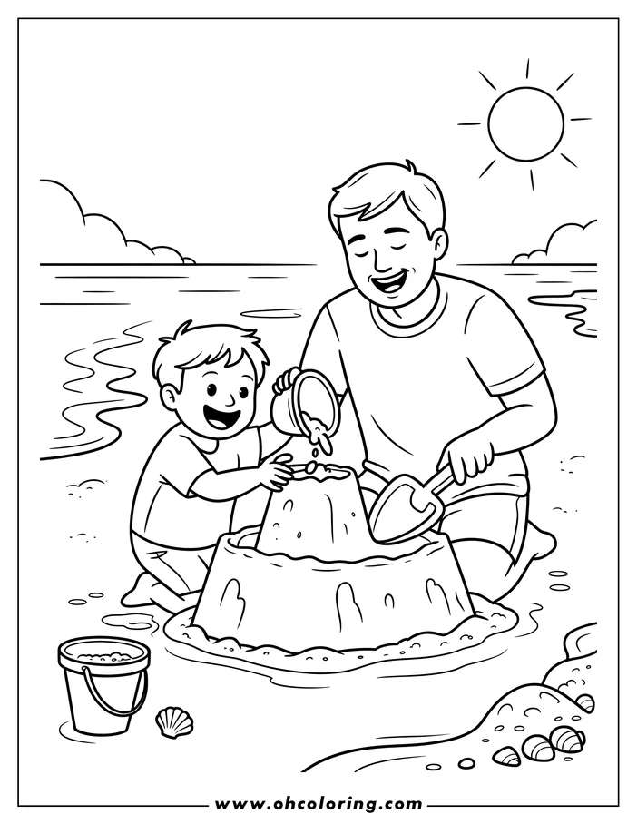 Line art of a father and son building a sandcastle at the beach. The son pours water from a bucket while the dad uses a shovel. Seashells and a sand pail are nearby, and the ocean stretches out behind them, with the sun in the sky. Perfect design for a Father's Day coloring sheet.