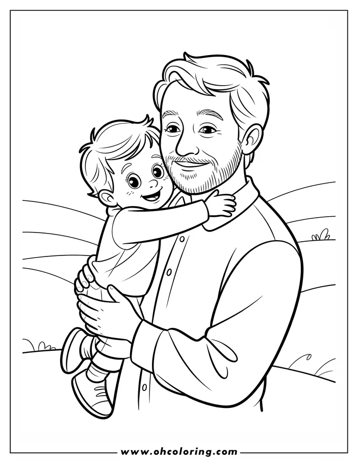 Line art of a father and son sharing a warm hug. The father, with short hair and a beard, smiles down at his son, who beams back.  They stand against a backdrop of gently rolling hills, designed as a Father's Day coloring sheet.