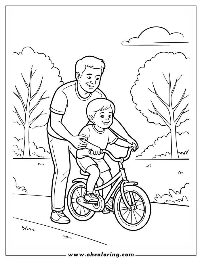 A line art illustration of a father helping his son ride a bike. The father stands behind the bike, holding on to it as the son pedals. Both are dressed casually and look happy. Trees and clouds are visible in the background. This drawing is ready for coloring.