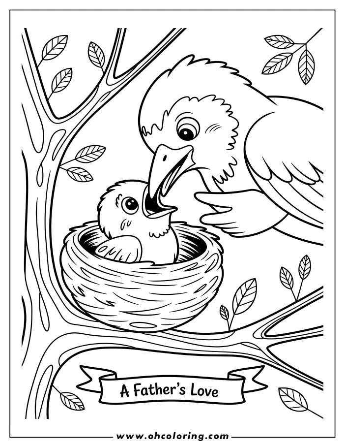 Line art illustrating a father bird feeding its baby in a nest on a tree branch, a Father's Day coloring page design.