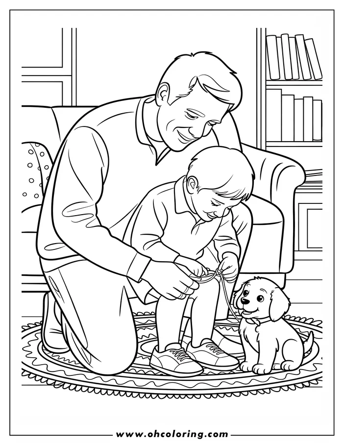 Line art of a father and son with a puppy, designed as a Father's Day coloring sheet. The son holds the puppy's leash while the father watches. They are in a living room with a rug, sofa, and bookshelf. Perfect for a Father's Day coloring activity.