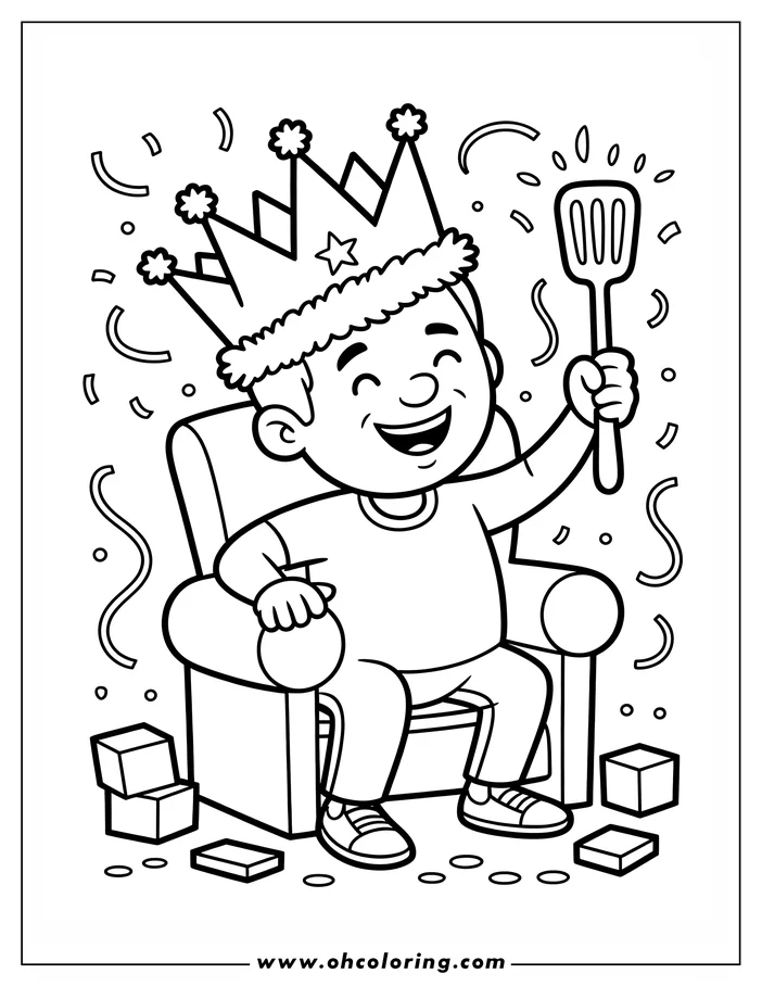 Cartoon line art of a father wearing a crown and holding up a spatula as if celebrating. He sits in an armchair with wrapped presents at his feet, confetti and streamers surrounding him. This is a design for a coloring sheet.
