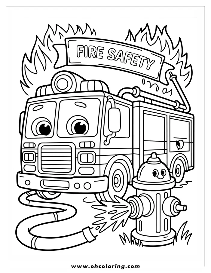 Line art of a friendly cartoon fire truck parked next to a smiling fire hydrant. The fire truck's hose is spraying water towards the hydrant. A banner above reads "FIRE SAFETY." This is a coloring sheet design, ideal for kids interested in fire trucks and fire safety.