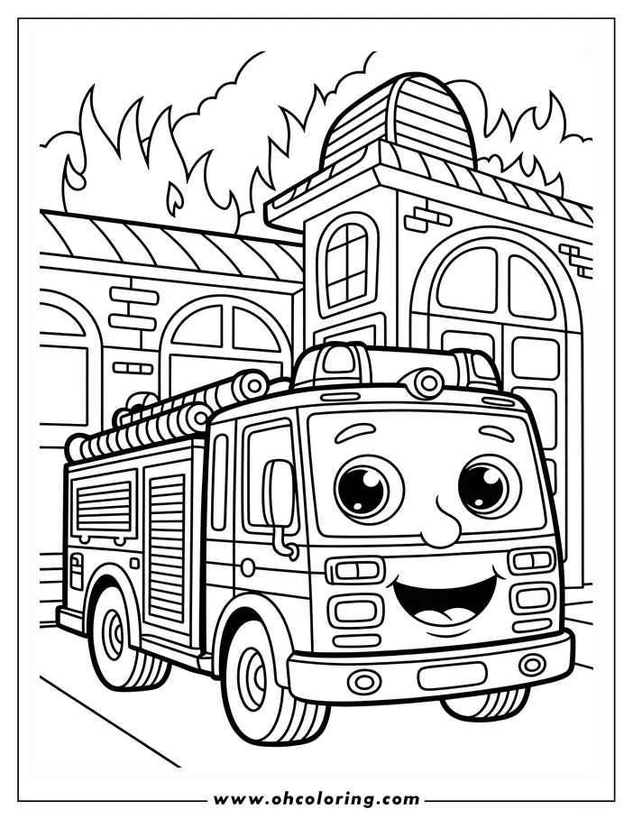 Line art of a cartoon firetruck parked at the fire station with a building on fire in the background, designed as a coloring sheet.