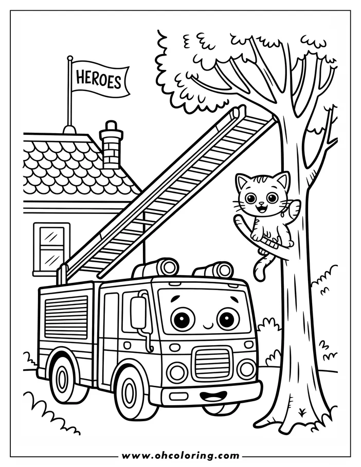 Line art of a fire truck and a cat in a tree. The firetruck has large, expressive eyes and a smiling front grill. Its ladder extends towards the tree, and the cat looks down with wide eyes. A flag in the background reads "HEROES." This is a children's coloring page.