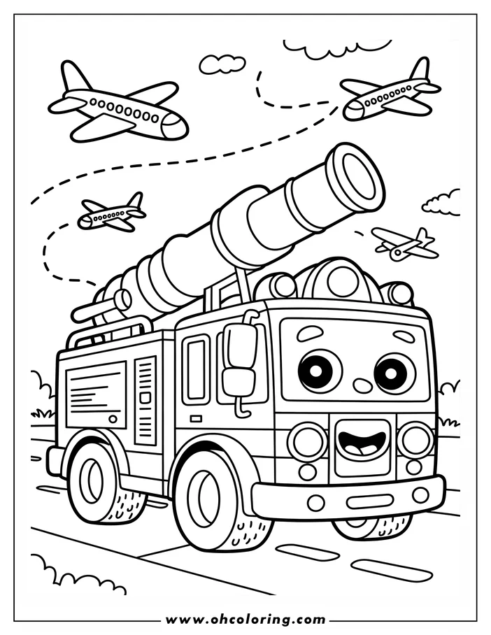 Simple drawing for coloring depicting a fire truck with a large nozzle and a happy cartoon face. Several airplanes with dashed contrails soar in the sky above. Bushes form the background along the road.