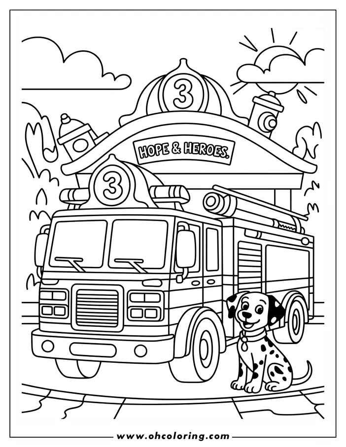 Line art depicting a fire truck parked at a fire station with "Hope & Heroes" written on it, and a Dalmatian dog sitting nearby.  The design is a coloring page suitable for printing.