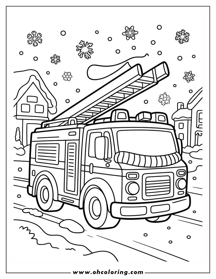 Line art of a fire truck driving down a snowy road. It has an extended ladder, flashing lights, and large tires. Snowflakes are falling and snow-covered houses are visible in the background, making it a winter-themed coloring page design.