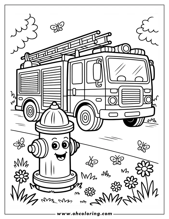 Coloring page showing a firetruck with an extended ladder parked on a road next to a cheerful fire hydrant. Butterflies and flowers decorate the surrounding grassy area. This simple, friendly line art is perfect for kids' coloring activities.