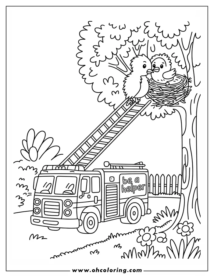Coloring page depicting a firetruck with its ladder extended to a bird's nest in a tree. A parent bird is with a baby bird in the nest. There are also grass and flowers.