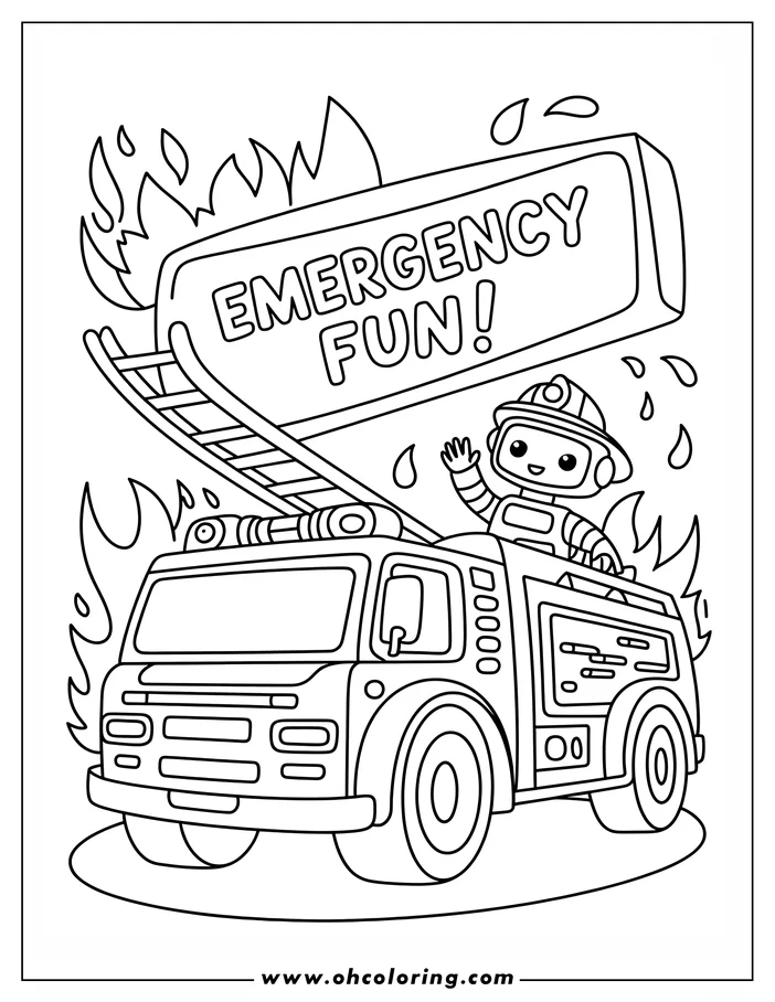 Line art of a fire truck with a robot firefighter waving. Flames and water droplets surround the truck, which features a ladder, hoses, and the words 'EMERGENCY FUN!' A great coloring page for kids.