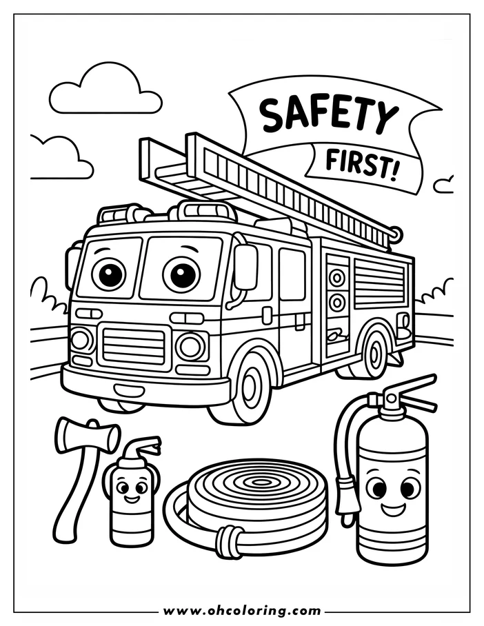 Line art of a friendly fire truck with an extending ladder, accompanied by a fire extinguisher, axe, and hose, with a "SAFETY FIRST" banner, designed as a coloring page.