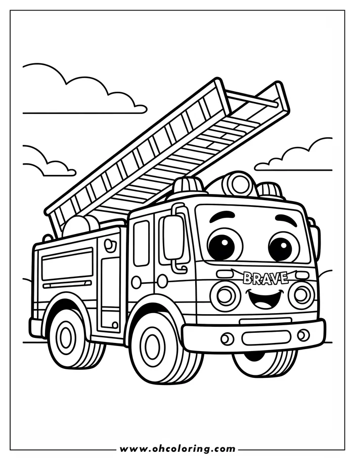 Line art of a cheerful fire truck with its ladder extended, set against a simple cloudy background. The truck has large, friendly eyes and a banner reading 'BRAVE' across its front, designed as a coloring sheet for kids.