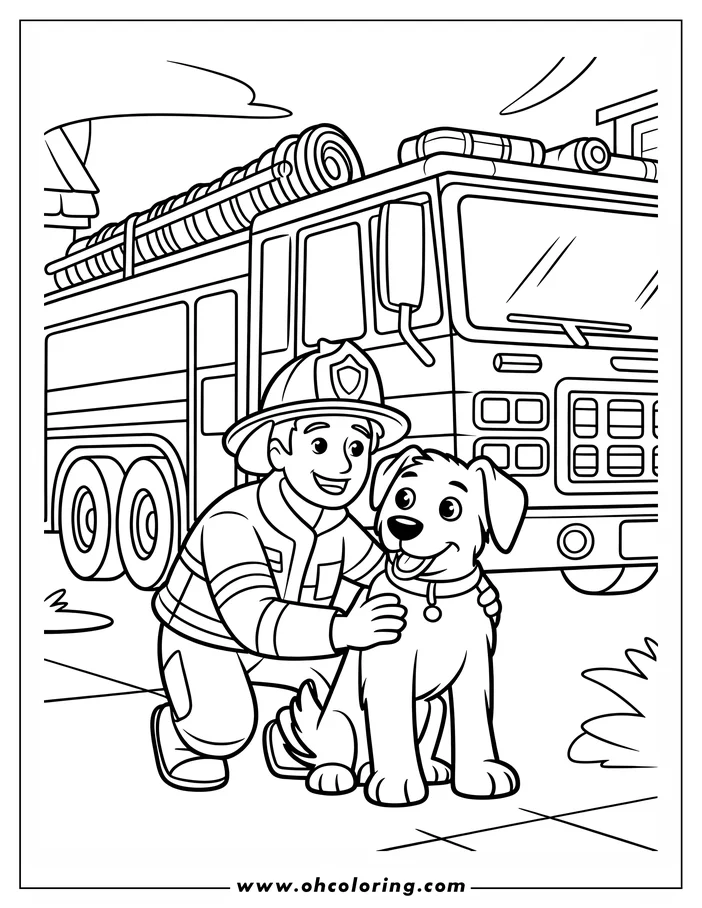 Line art of a firefighter petting a dog near a fire truck. The firefighter wears a helmet and uniform.  The fire truck is detailed with hoses, ladders, and an open cab. This detailed scene is a printable coloring page design.