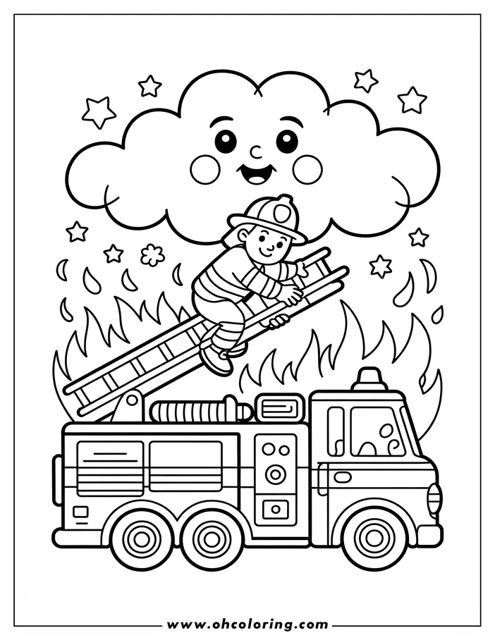 Line art of a firefighter climbing a ladder on a firetruck towards stylized flames. The truck has large wheels, a hose, and other details. A smiling cloud floats above, with stars and water droplets, creating a playful coloring sheet design.