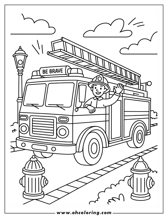 Line art of a fire truck with a firefighter waving from the cab. The truck has a ladder on top and a 'Be Brave' sign. Fire hydrants and a street lamp are visible in the background. This is a coloring page design.