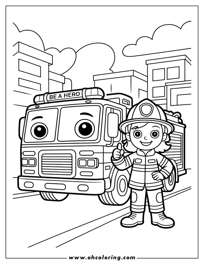 Line art of a cartoon firefighter giving a thumbs-up beside a fire truck in a city setting, designed as a coloring sheet. The truck has large, friendly eyes and a 'Be a Hero' sign. Perfect for kids who love fire trucks and community heroes.