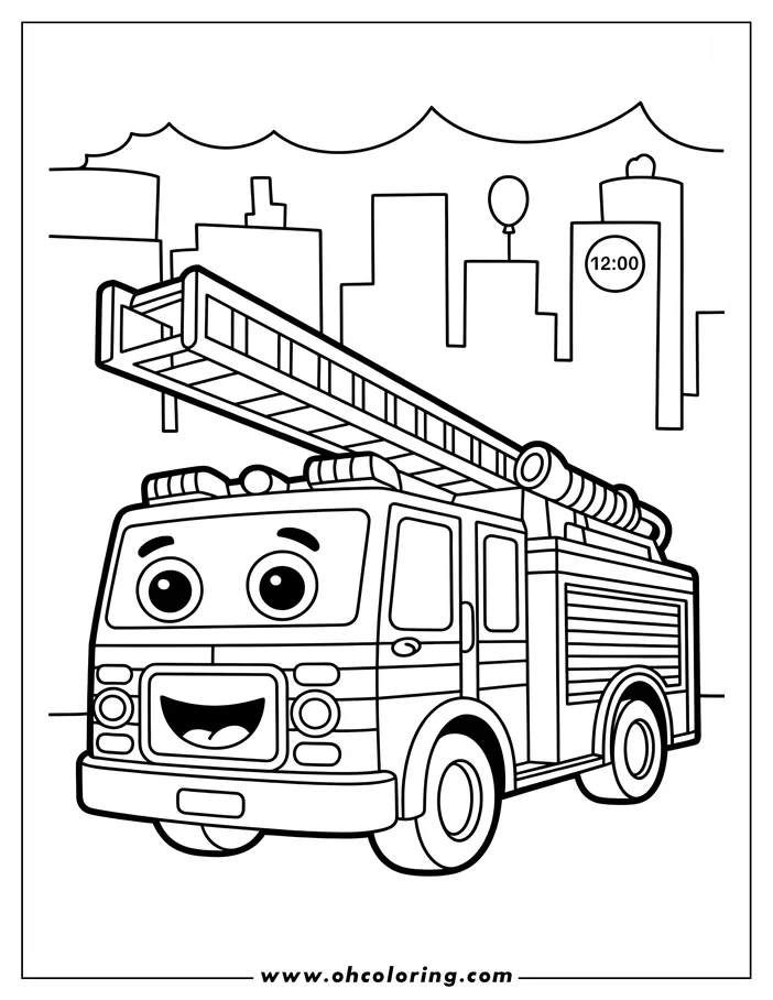 A simple, friendly firetruck coloring page design. The firetruck is parked in a city setting, with its extendable ladder raised and a clock showing 12:00 in the background. The truck has a happy expression and large, inviting eyes. Perfect for kids who love firetrucks and community helpers.