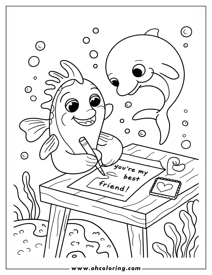 Line art of a fish writing a "best friend" note to a dolphin underwater, with seaweed and bubbles surrounding them.