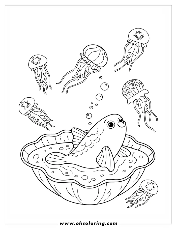 Line art of a fish swimming in a bowl, surrounded by various jellyfish with different patterns and designs.