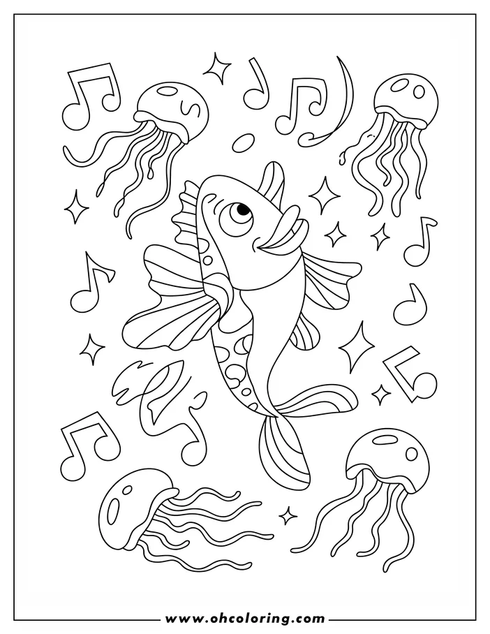 Line art of a fish swimming amongst jellyfish and music notes. The fish appears to be singing, surrounded by four jellyfish and musical symbols.