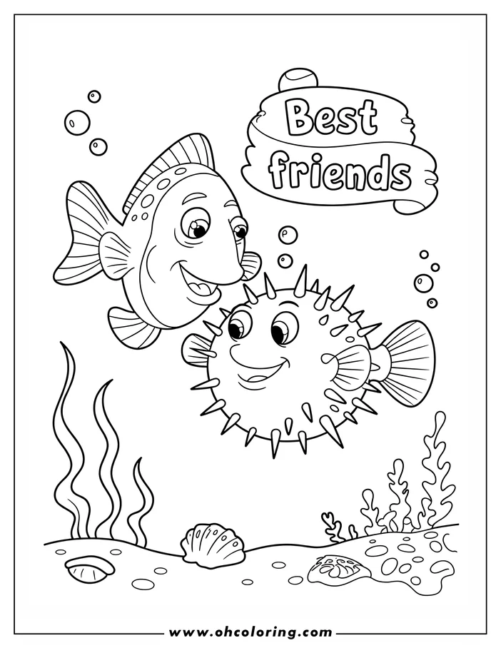 Two friendly fish, one a pufferfish, swimming together as best friends. The scene is set underwater with seaweed and shells at the bottom.