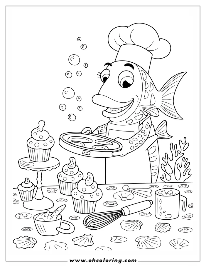 Line art of a fish wearing a chef's hat and apron baking cupcakes. The scene includes a table with decorated cupcakes, baking tools, and bubbles floating near the fish.
