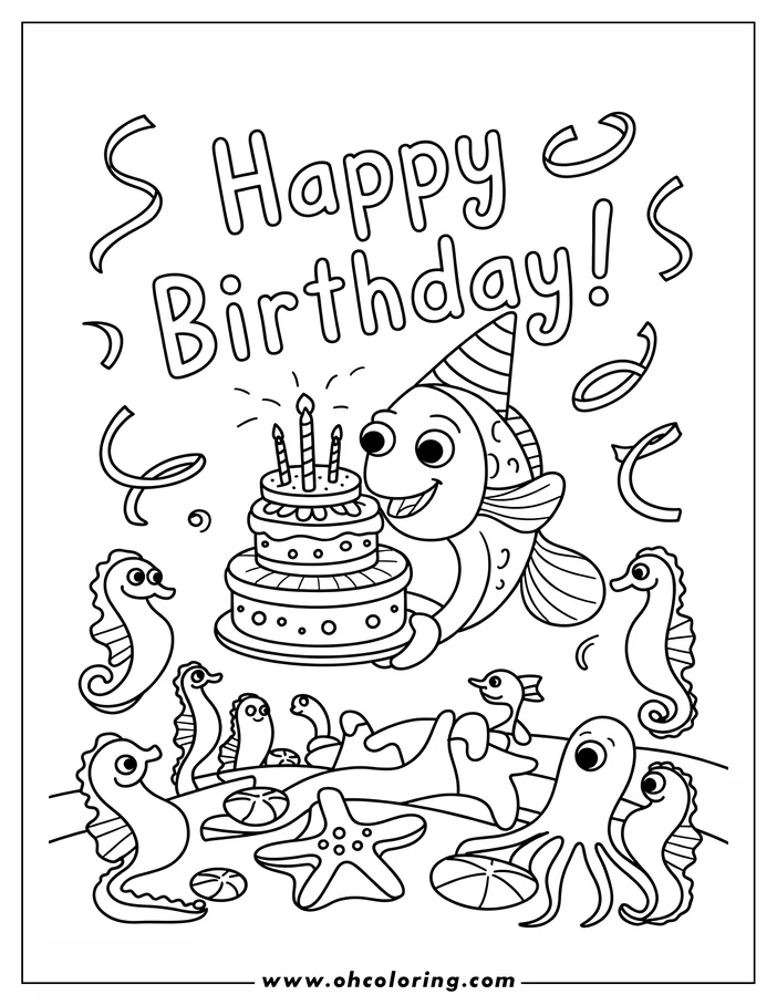 Line art of a fish with a birthday cake, surrounded by seahorses, an octopus, and other sea creatures on the ocean floor.